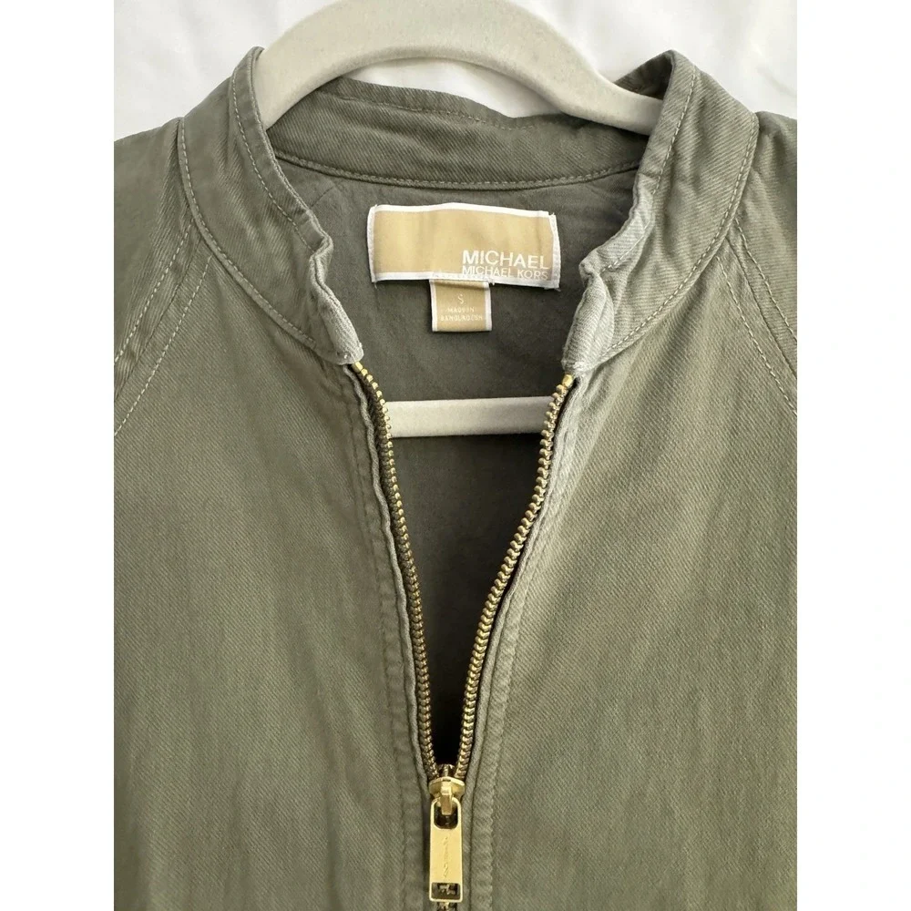 Michael Kors Jacket Crop Olive Green Collared Buttons‎ Full Zip Pockets Size S